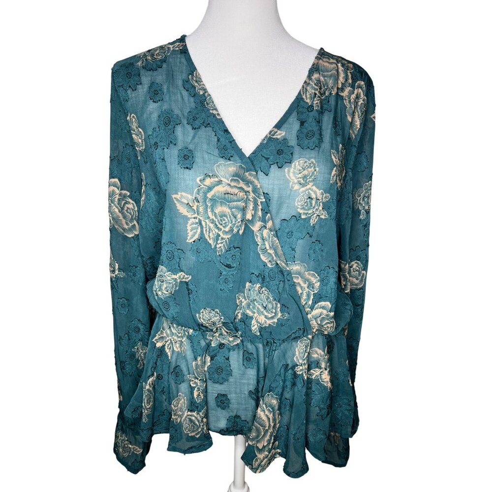 Venus Teal Floral Wrap Blouse Womens Long Sleeve V-Neck Size 12